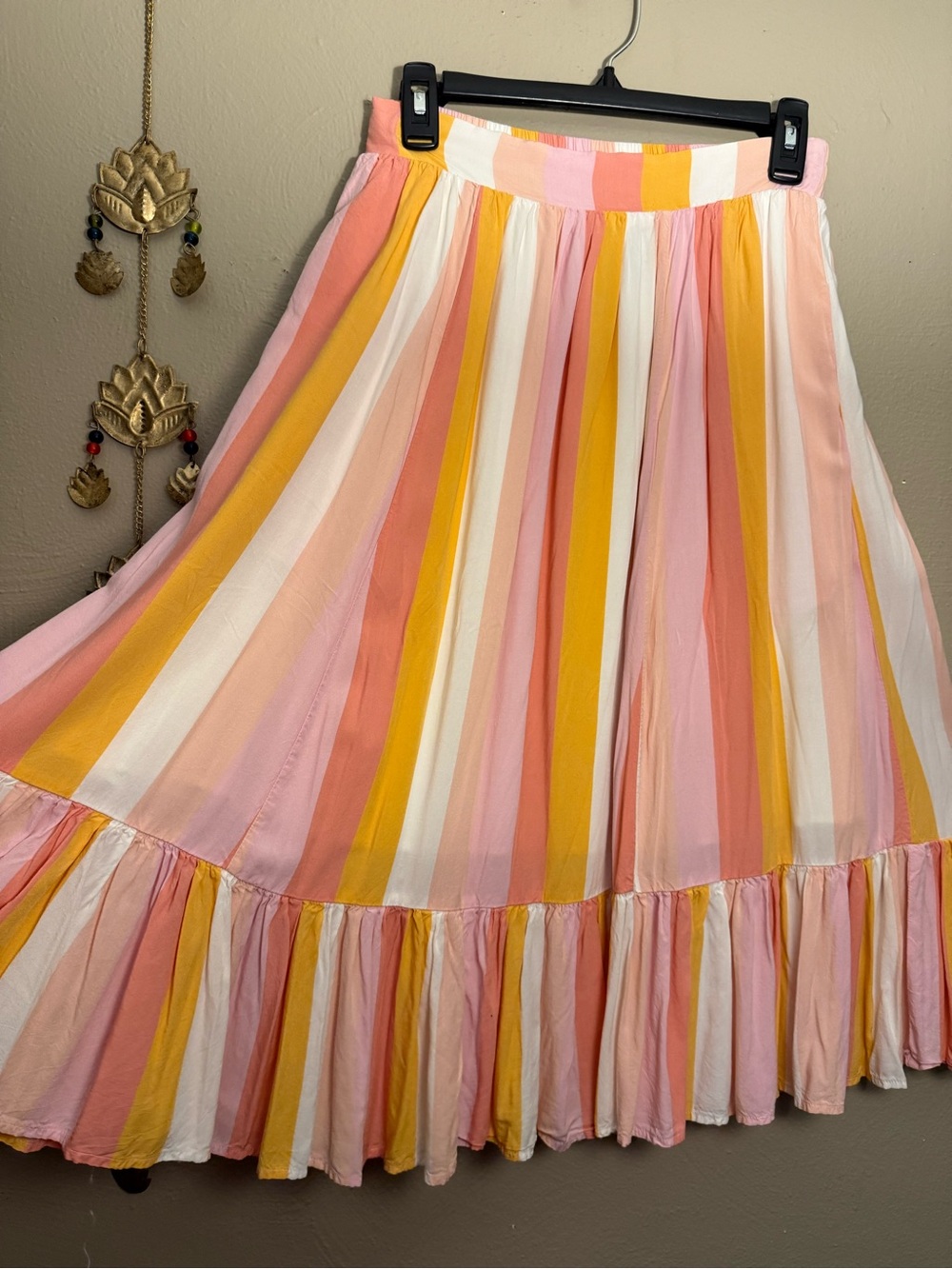 Modcloth x Collectif Katherine Peach Striped Ruffle Hem Midi Skirt Size US 8